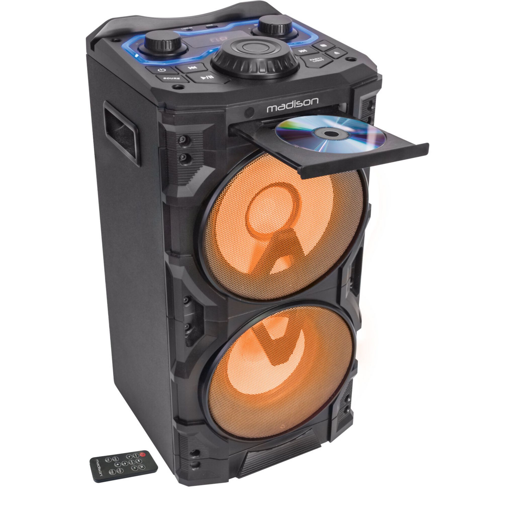 Voir la diapositive 3 : MADISON Enceinte active 2 voies Powersound 300 avec lecteur CD, USB, Bluetooth et télécommande.
