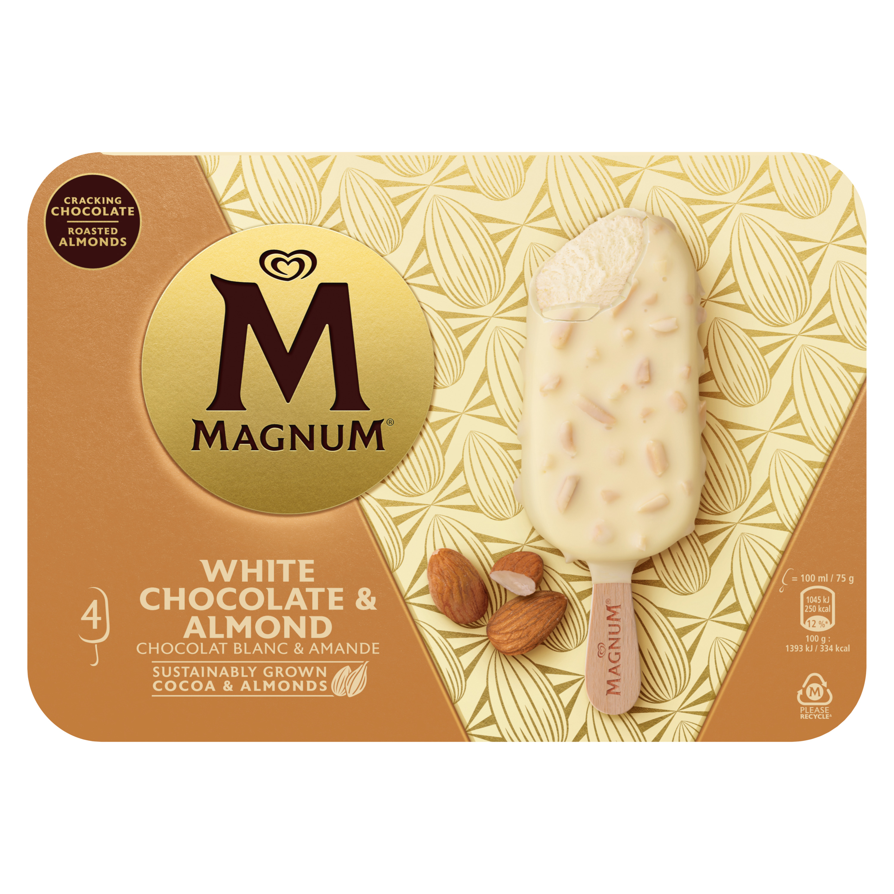 Voir la diapositive 2 : MAGNUM Bâtonnets glacés chocolat blanc amandes 4 pièces 300g
