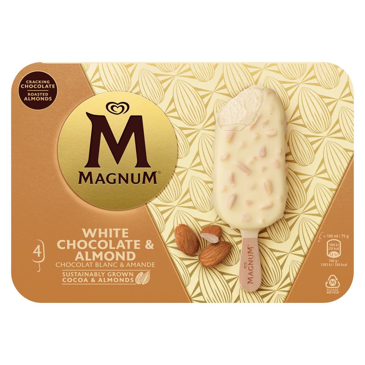 MAGNUM Bâtonnets glacés chocolat blanc amandes 4 pièces 292g