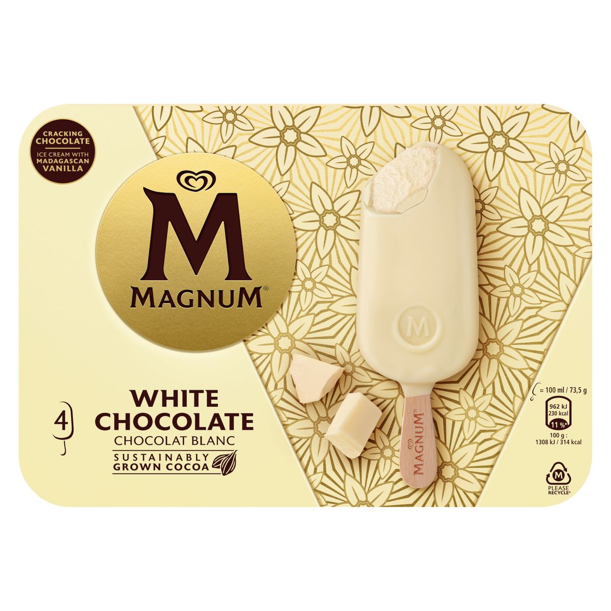 MAGNUM Bâtonnets glacés au chocolat blanc 4 pièces 294g