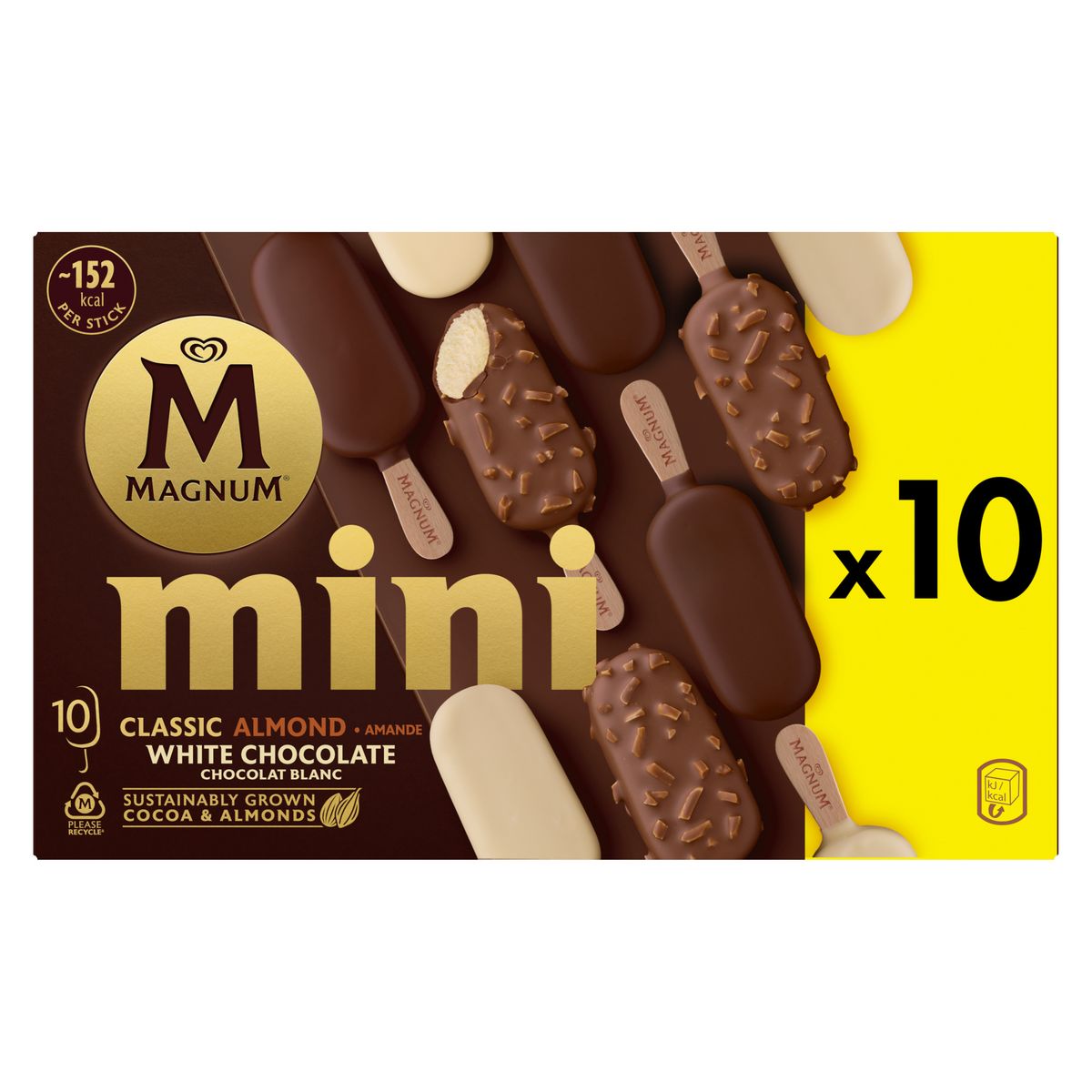 MAGNUM Assortiment de mini bâtonnets glacés classique amandes et chocolat blanc 10 pièces 443g