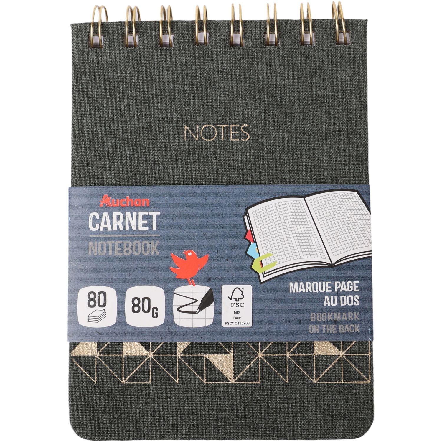 AUCHAN Carnet à spirale A6 en tissus 80 pages petits carreaux 5x5 avec marque-page