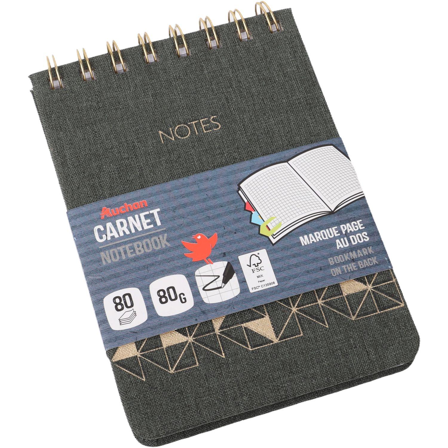 Voir la diapositive 2 : AUCHAN Carnet à spirale A6 en tissus 80 pages petits carreaux 5x5 avec marque-page