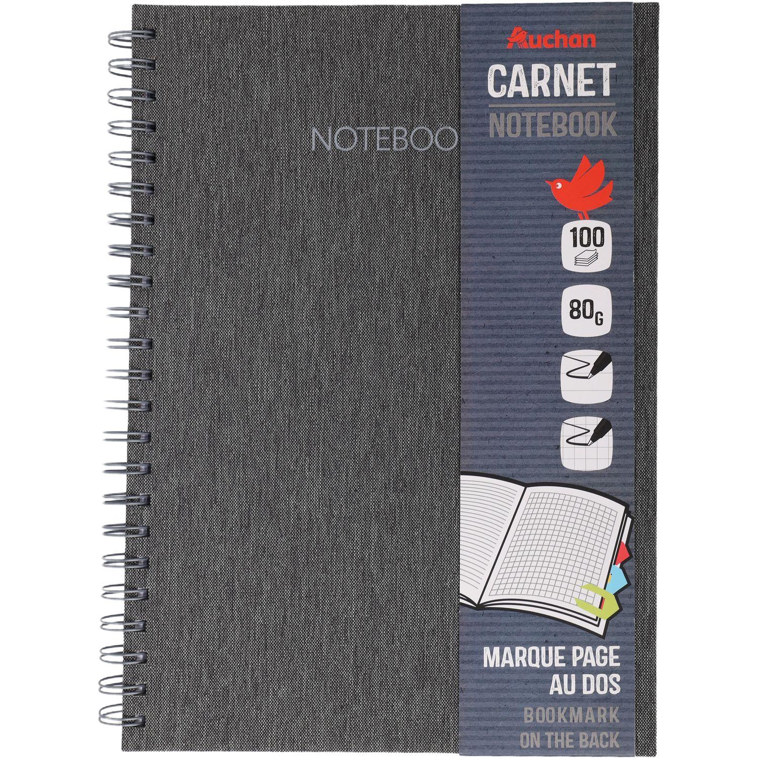 AUCHAN Carnet à spirale A4 100 pages petits carreaux 5x5 avec marque-page