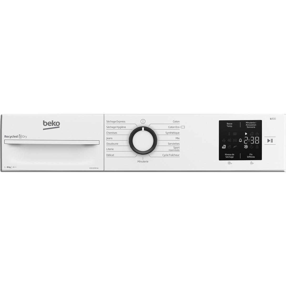 Voir la diapositive 7 : BEKO Sèche linge hublot D3H18301W, 8 kg, Pompe à chaleur, A++