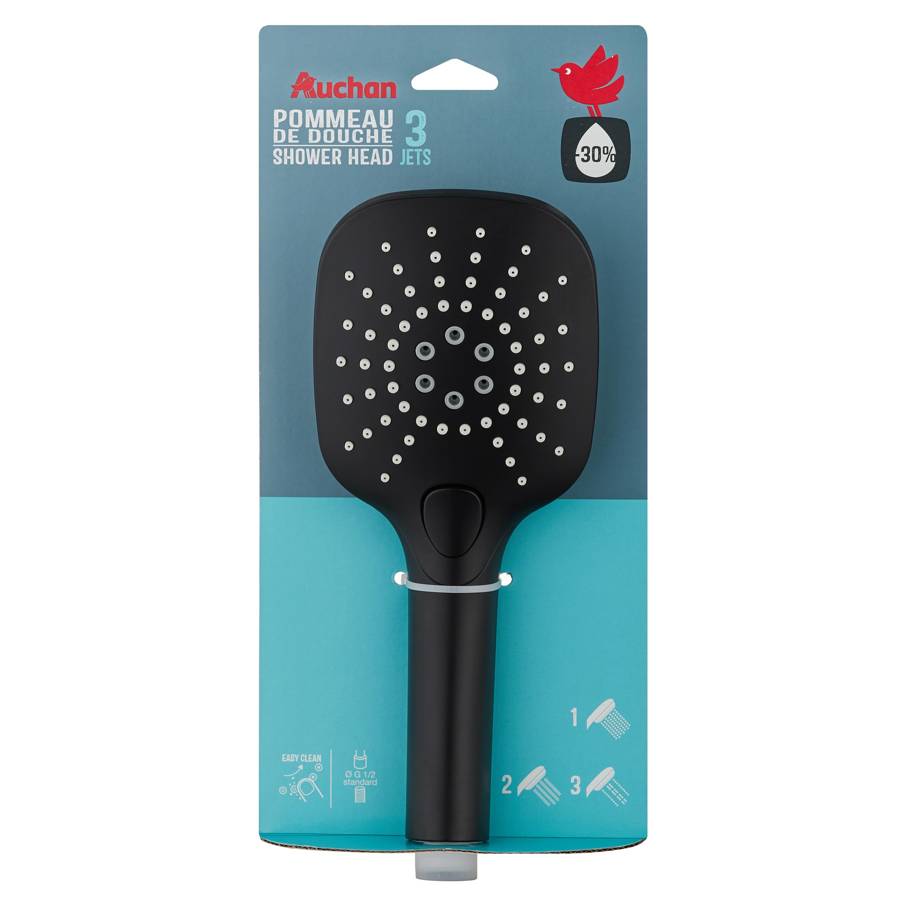 Voir la diapositive 2 : AUCHAN Douchette 3 fonctions noire eco eau, diam 120 mm