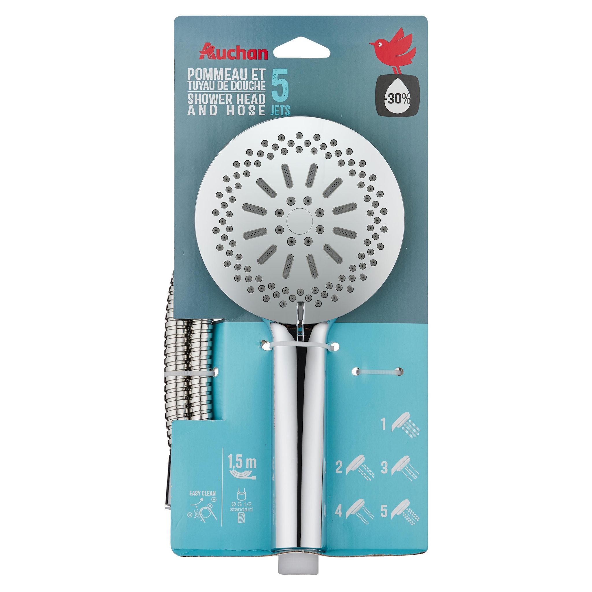 Voir la diapositive 2 : AUCHAN Douchette 5 fonctions + flexible