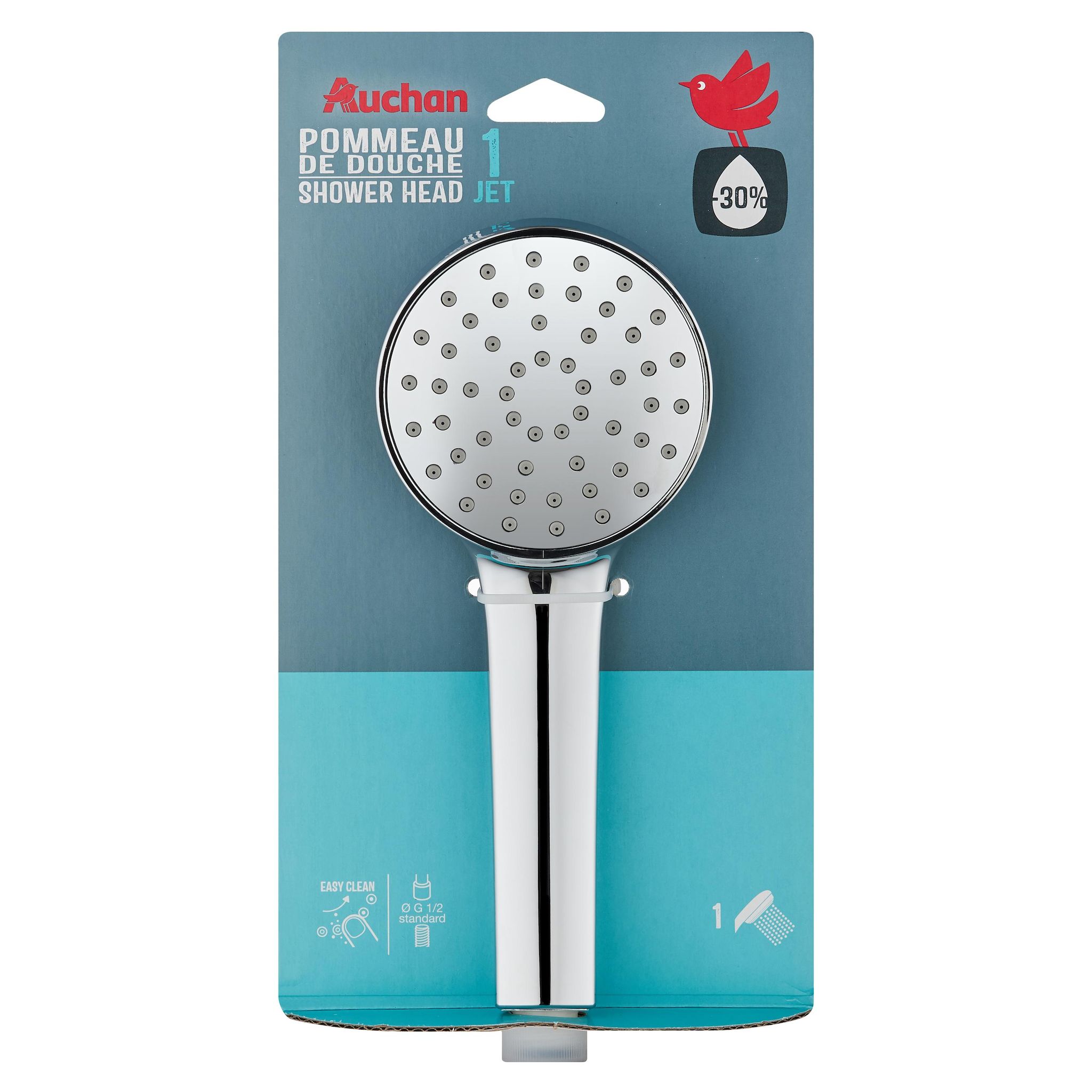 Voir la diapositive 2 : AUCHAN Douchette 1 fonctions eco eau , diamètre 90 mm