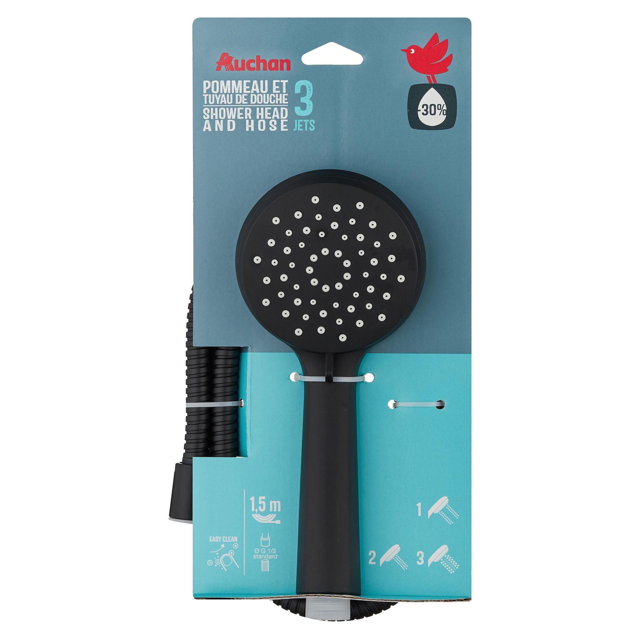 Voir la diapositive 2 : AUCHAN Douchette 3 fonctions + flexible