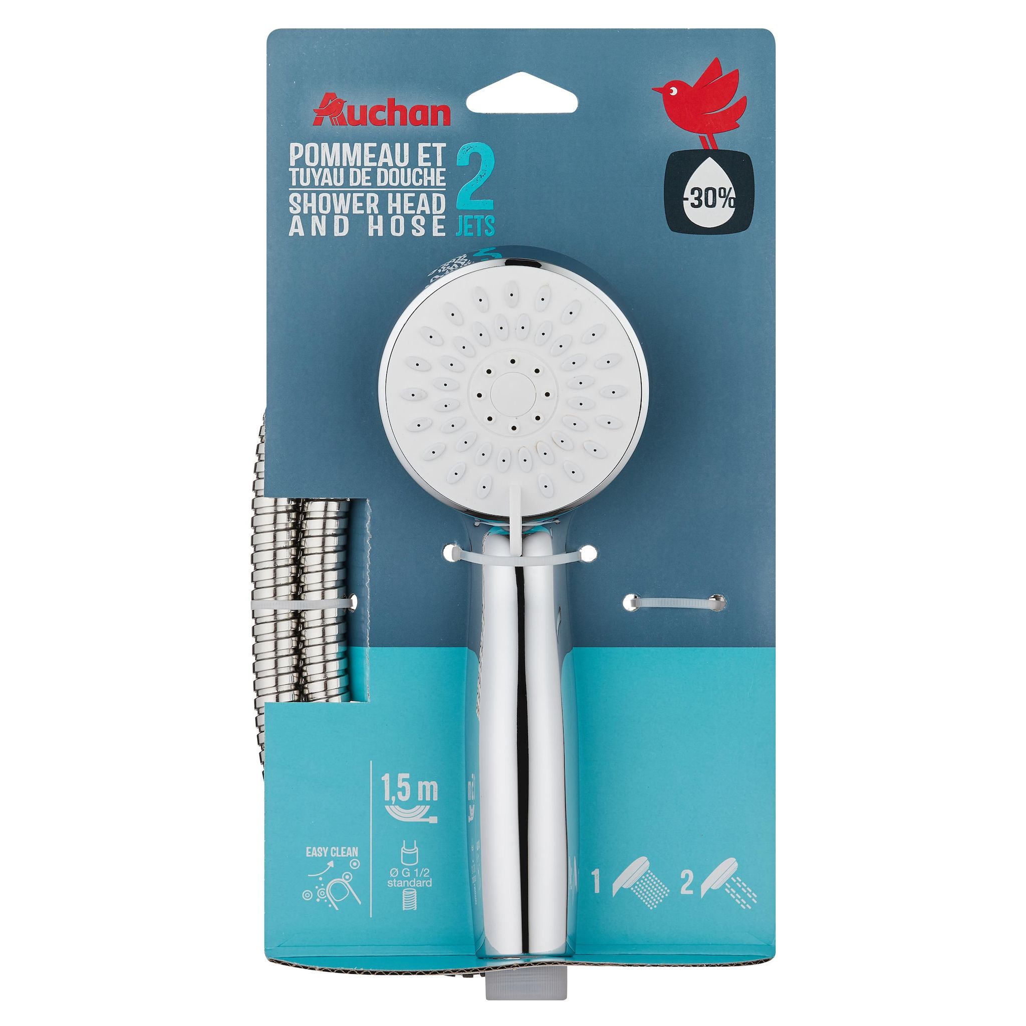 Voir la diapositive 2 : AUCHAN Douchette 2 fonctions + flexible eco d eau, chrome 1,5m