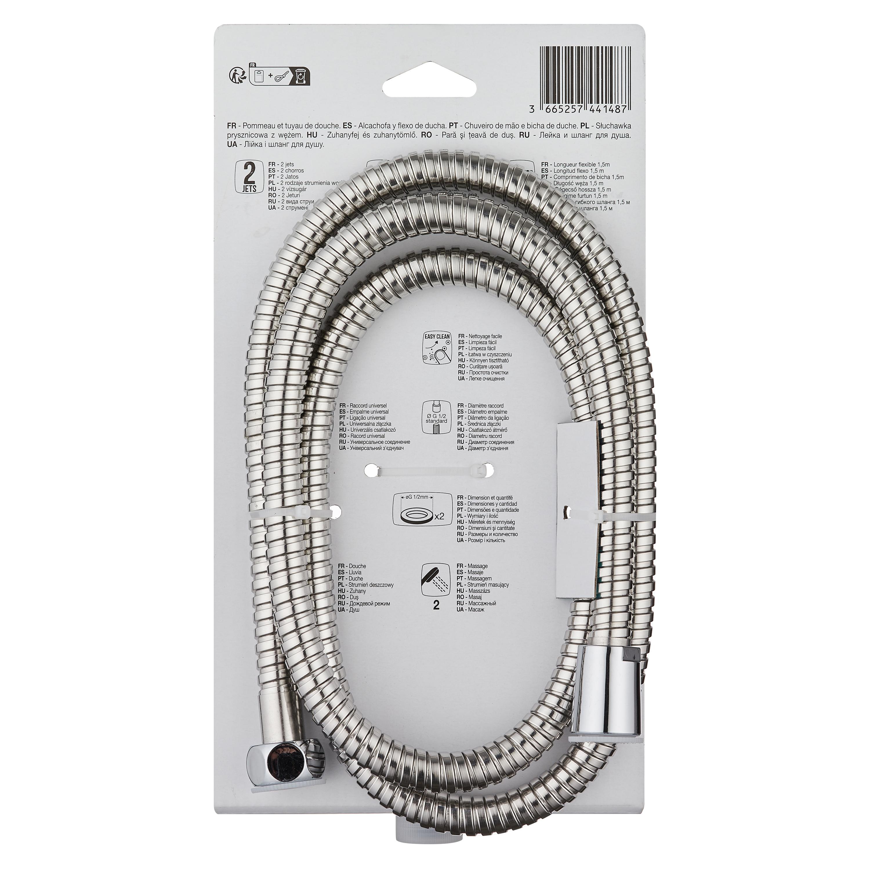 Voir la diapositive 3 : AUCHAN Douchette 2 fonctions + flexible eco d eau, chrome 1,5m