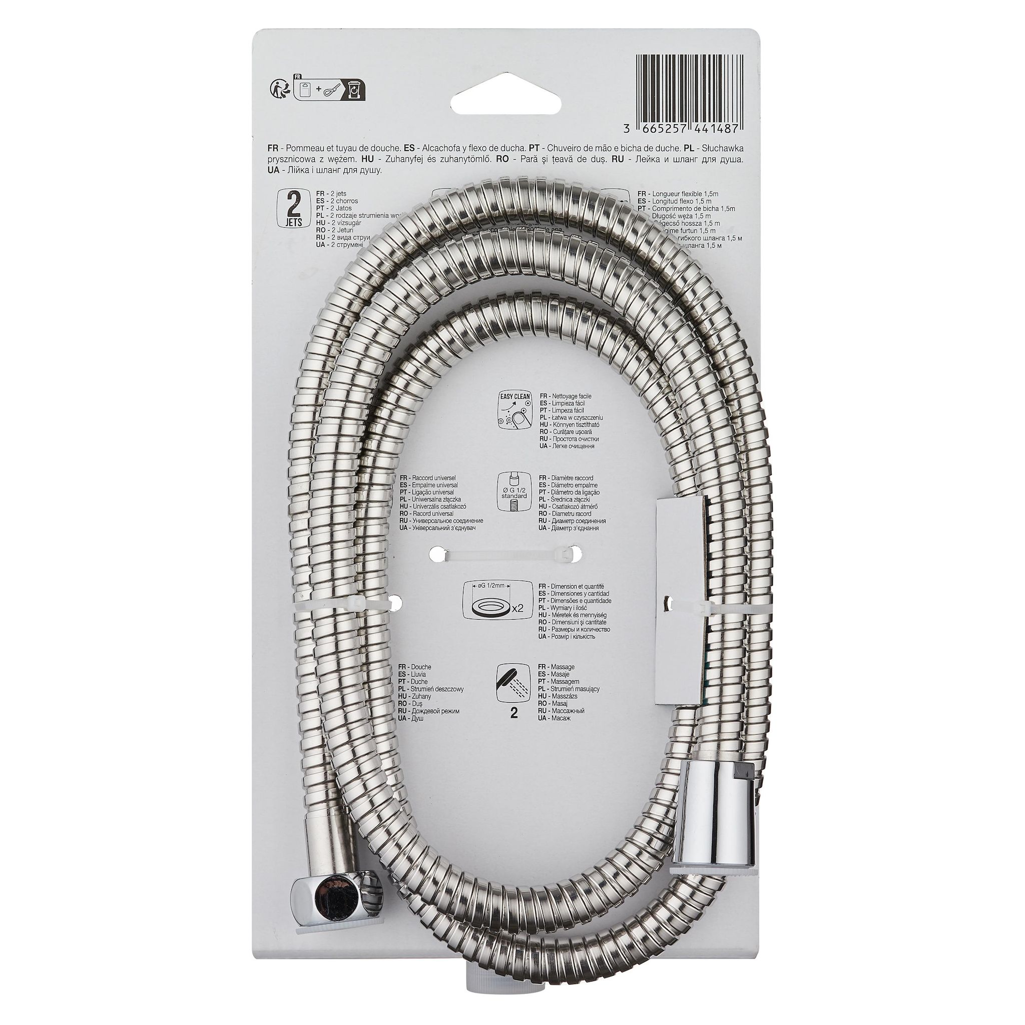 Voir la diapositive 3 : AUCHAN Douchette 2 fonctions + flexible eco d eau, chrome 1,5m
