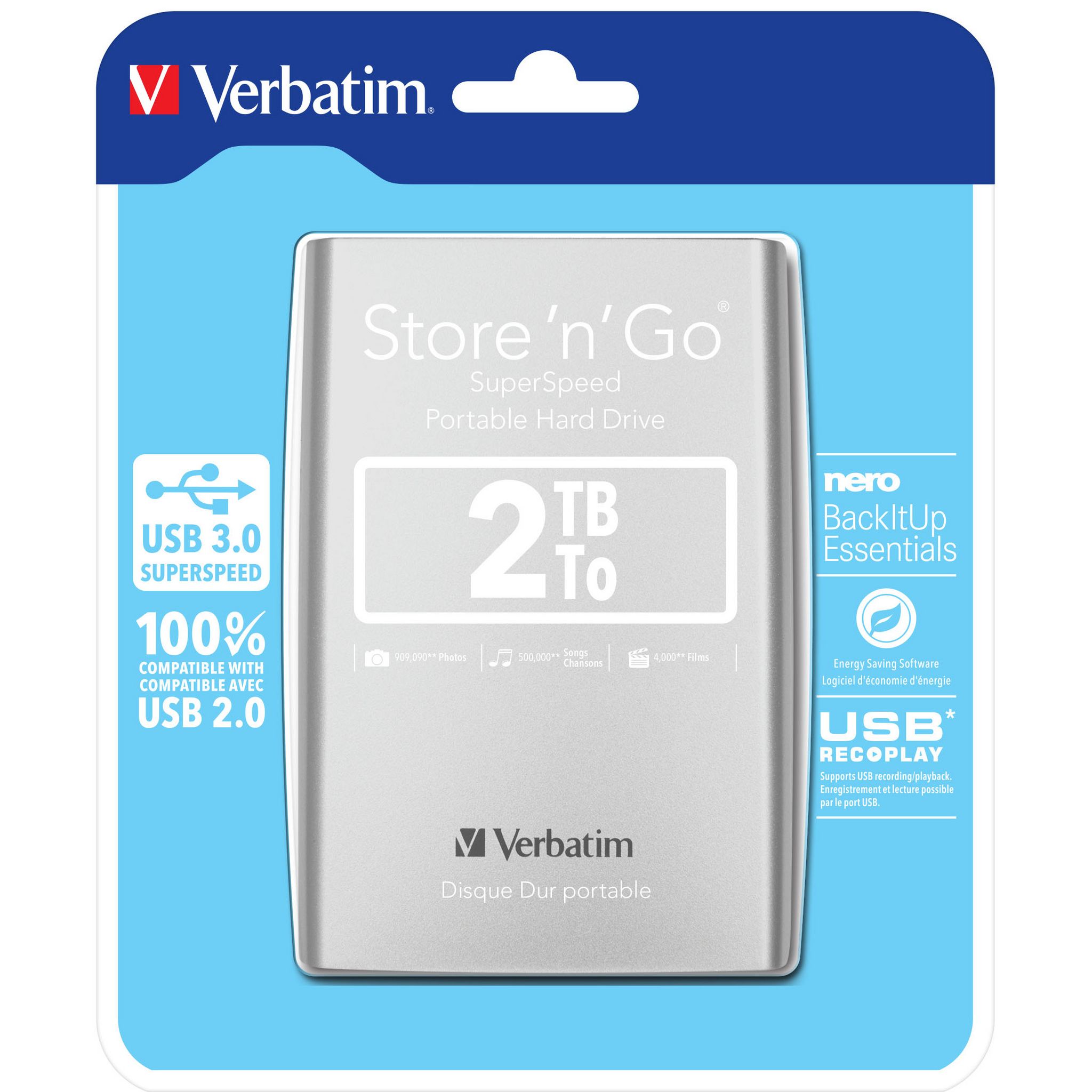 Voir la diapositive 1 : VERBATIM Disque dur externe 2 To  Store'n'Go - Argent