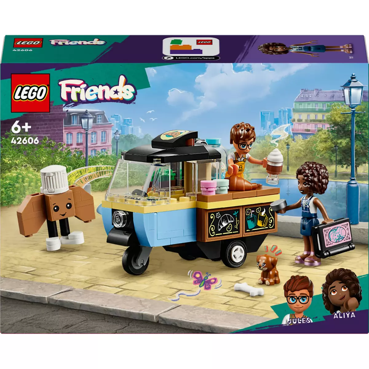 LEGO Friends 42606 Le Chariot de Pâtisseries Mobile, Jouet Éducatif avec Figurines Aliya, Jules et le Chien Aira