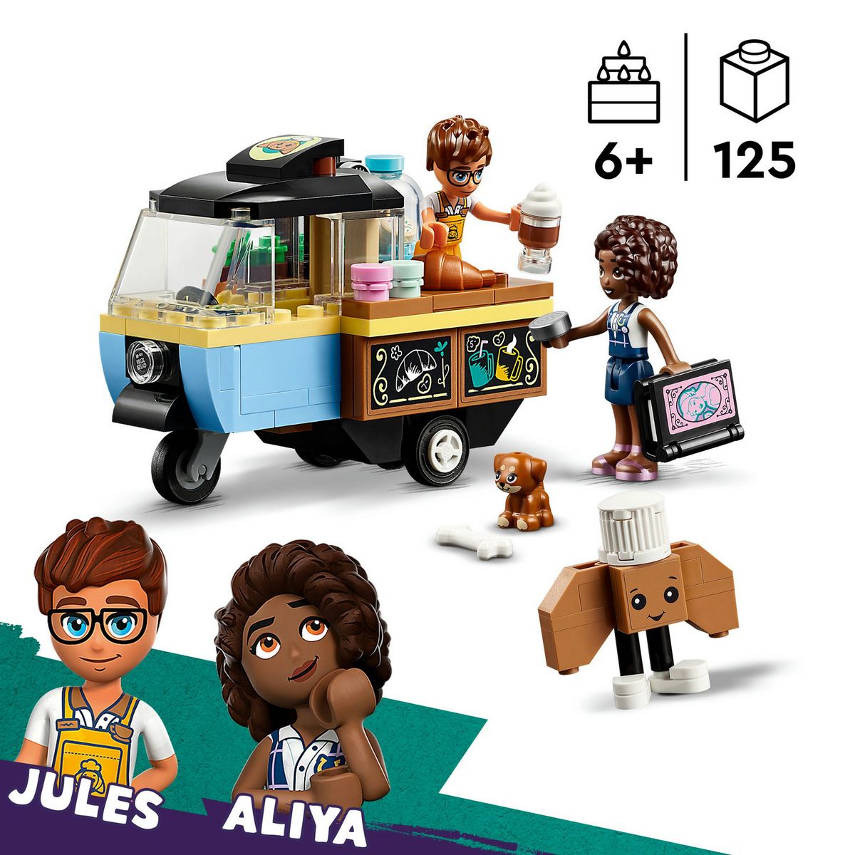 LEGO Friends 42606 Le Chariot de Pâtisseries Mobile, Jouet Éducatif avec Figurines Aliya, Jules et le Chien Aira