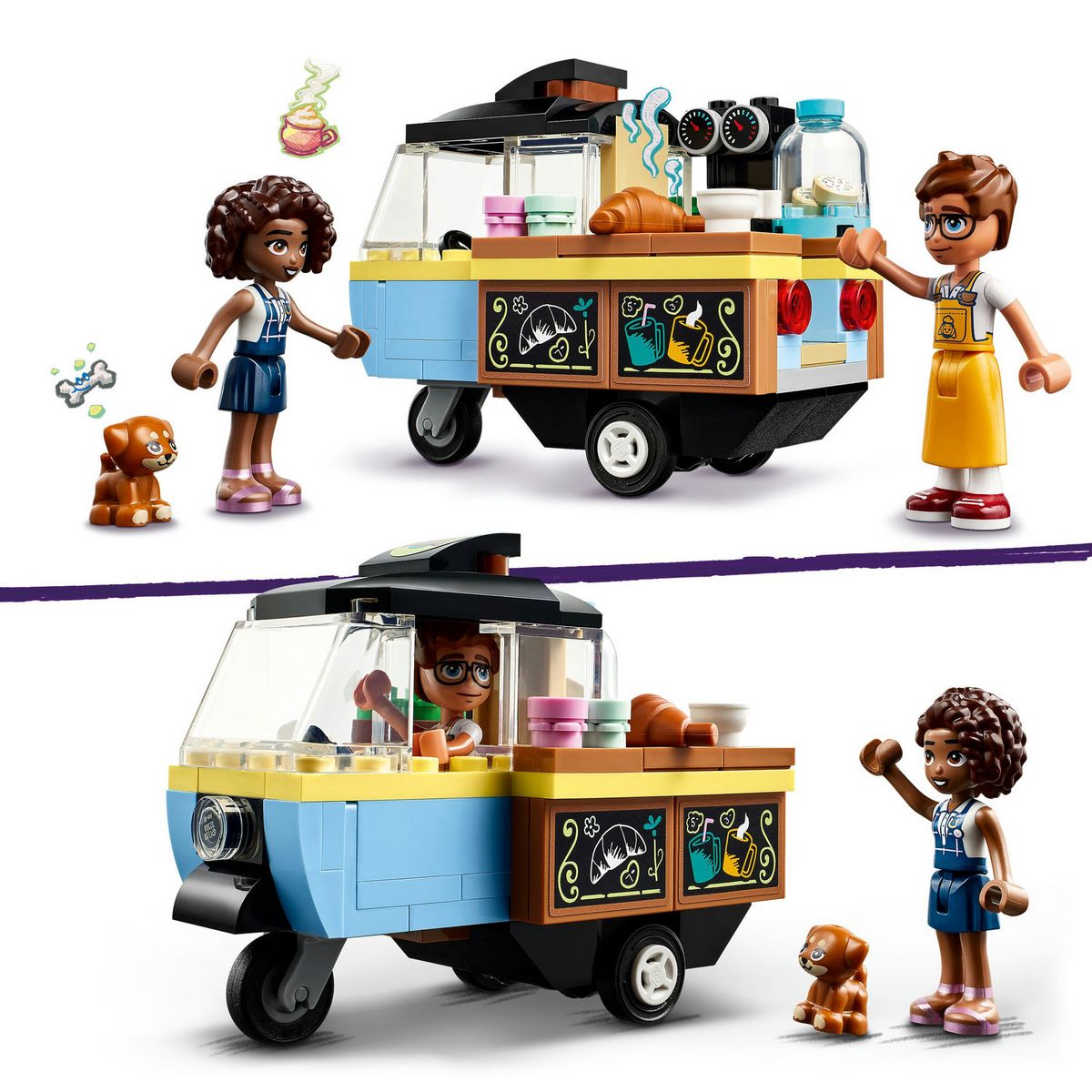 LEGO Friends 42606 Le Chariot de Pâtisseries Mobile, Jouet Éducatif avec Figurines Aliya, Jules et le Chien Aira