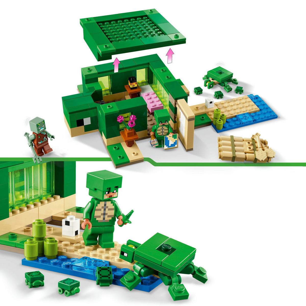 LEGO Minecraft 21254 La Maison de la Plage de la Tortue, Jouet avec Accessoires, Minifigurines des Personnages du Jeu Vidéo