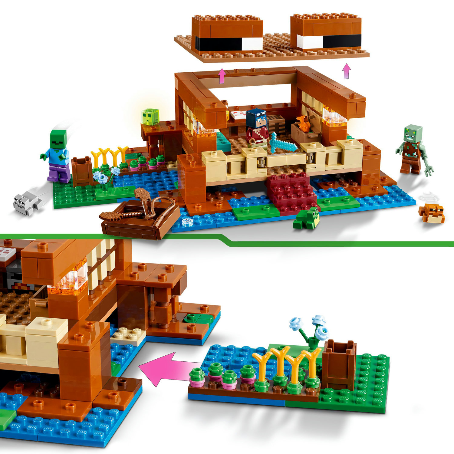 Voir la diapositive 4 : LEGO Minecraft 21256 La Maison de la Grenouille, Jouet avec Figurines d'Animaux, Personnages : Zombie et Explorateur
