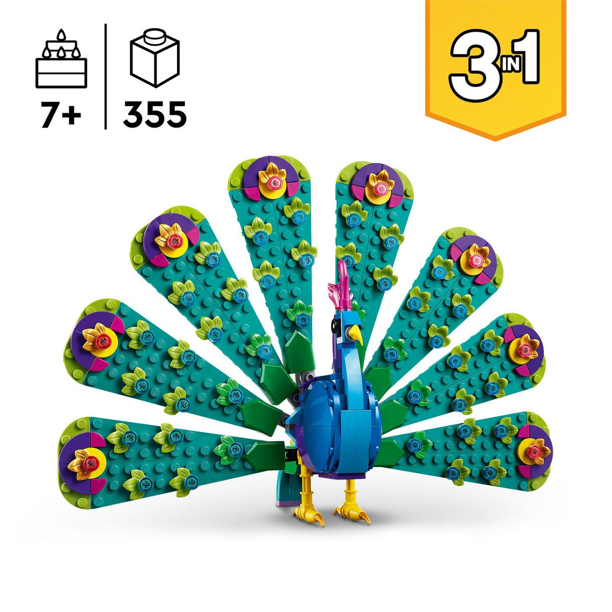 LEGO Creator 3en1 31157 Le Paon Exotique, Jouets Animaux avec Paon, Libellule et Papillon, pour la Chambre d'Enfant