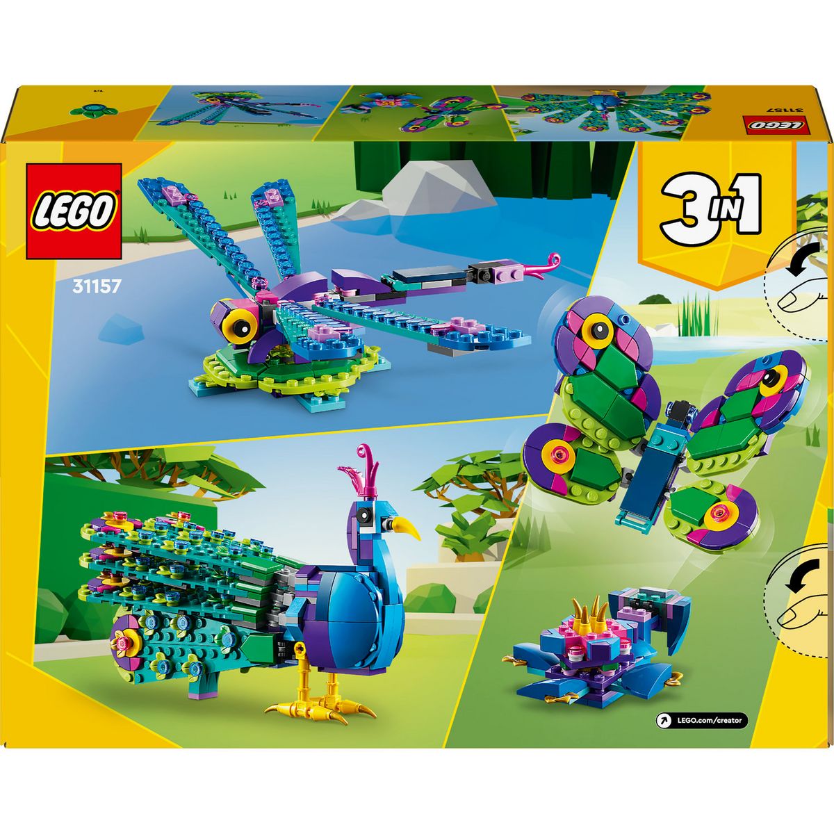 LEGO Creator 3en1 31157 Le Paon Exotique, Jouets Animaux avec Paon, Libellule et Papillon, pour la Chambre d'Enfant