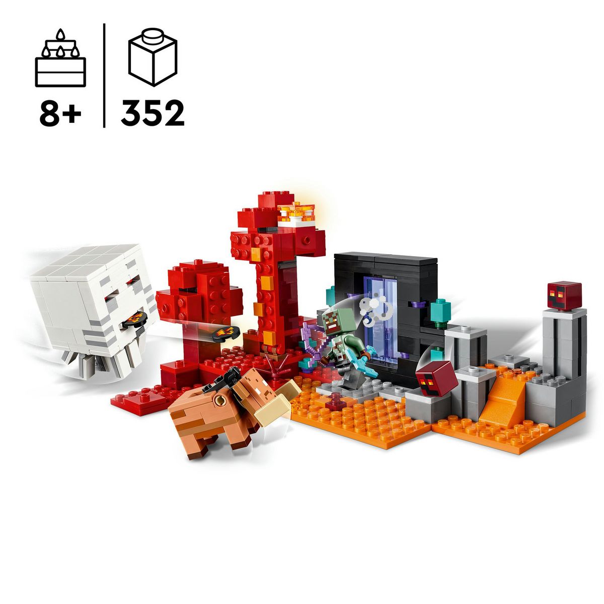 LEGO Minecraft 21255 L'Embuscade au Portail du Nether, Jouet avec Scènes de Bataille et Minifigurines, Figurine Hoglin