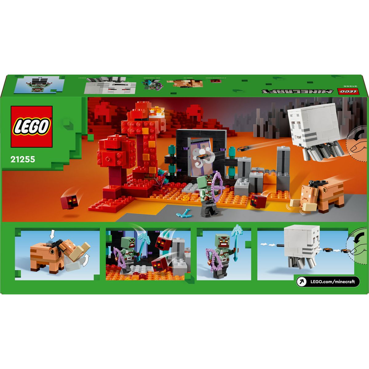 LEGO Minecraft 21255 L'Embuscade au Portail du Nether, Jouet avec Scènes de Bataille et Minifigurines, Figurine Hoglin