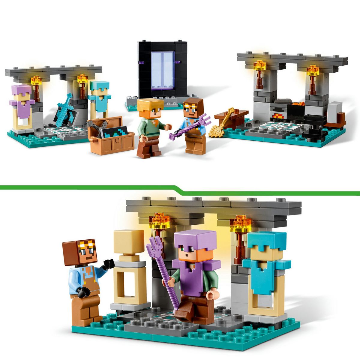 LEGO Minecraft 21252 L'Armurerie, Jouet avec Forge d'Armes avec Personnages de Jeu Vidéo, Alex Minifigurine