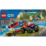 LEGO City 60412 Le Camion de Pompiers 4x4 et le Canot de Sauvetage, Jouet avec Bateau, Remorque et Minifigurines