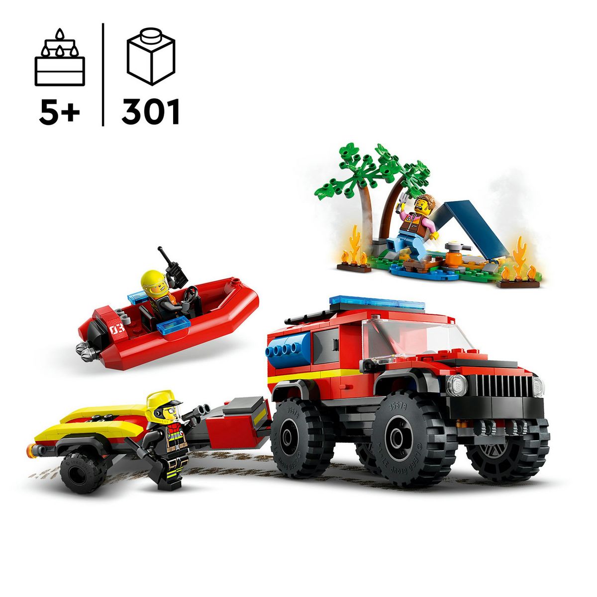 LEGO City 60412 Le Camion de Pompiers 4x4 et le Canot de Sauvetage, Jouet avec Bateau, Remorque et Minifigurines
