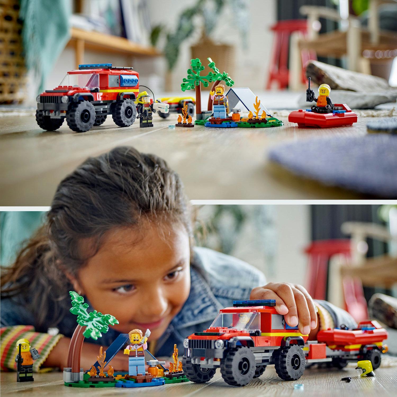 Voir la diapositive 5 : LEGO City 60412 Le Camion de Pompiers 4x4 et le Canot de Sauvetage, Jouet avec Bateau, Remorque et Minifigurines
