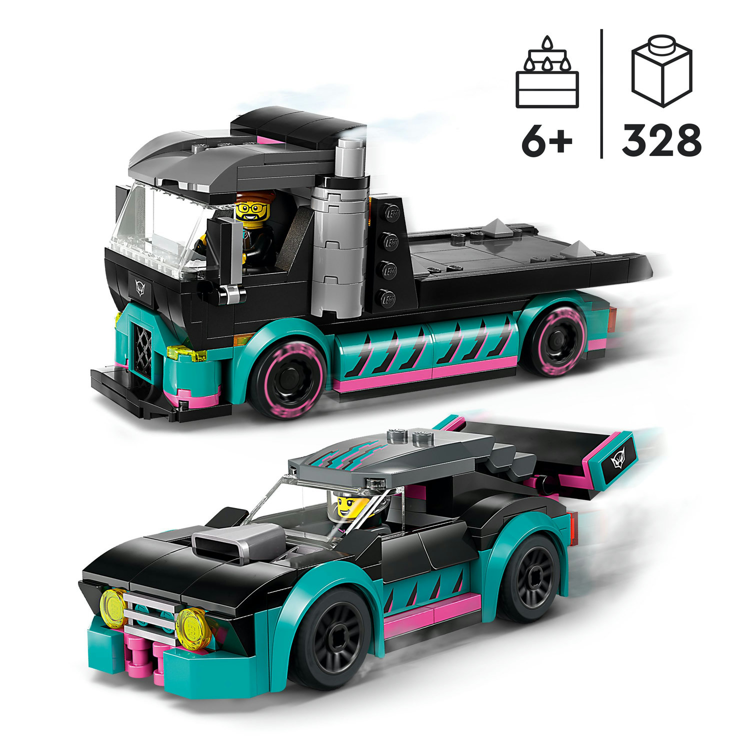 Voir la diapositive 3 : LEGO City 60406 La Voiture de Course et le Camion de Transport de Voitures, Jouet avec Véhicule, Minifigurines de Pilote