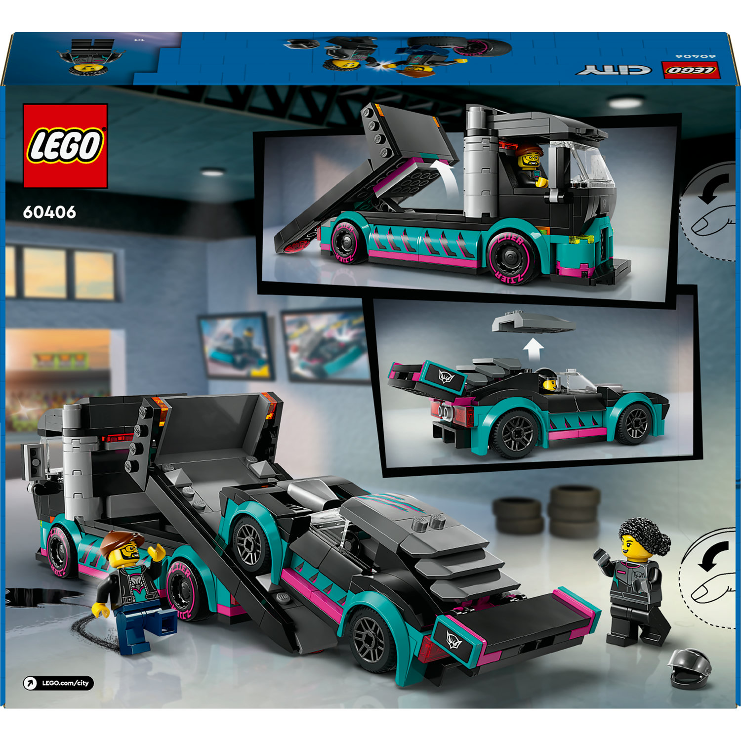 Voir la diapositive 8 : LEGO City 60406 La Voiture de Course et le Camion de Transport de Voitures, Jouet avec Véhicule, Minifigurines de Pilote