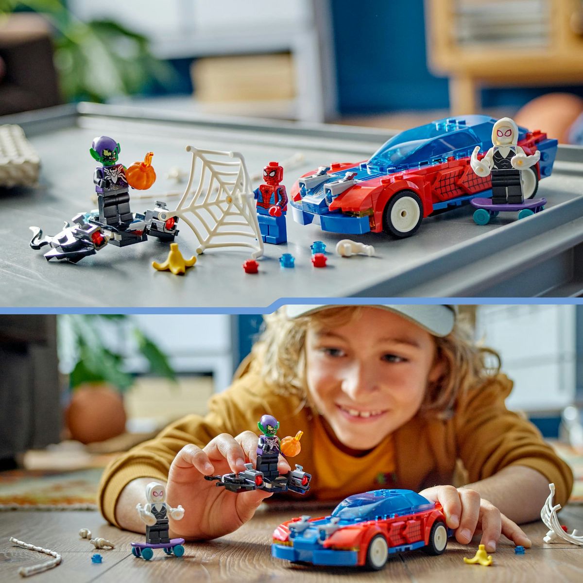 LEGO Marvel 76279 La Voiture de Course de Spider-Man contre le Bouffon Vert Venomisé, Jouet avec Minifigurines de Super-héros