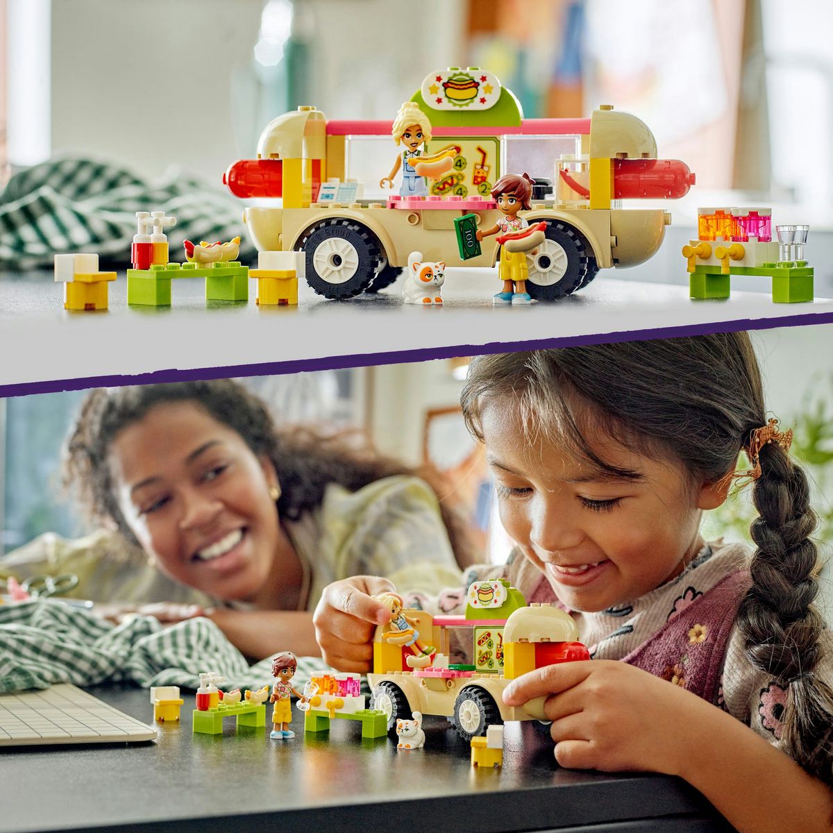 LEGO Friends 42633 Le Food-Truck de Hot-Dogs, Jouet de Restaurant Mobile, avec Figurines et Chat, Cadeau Enfants