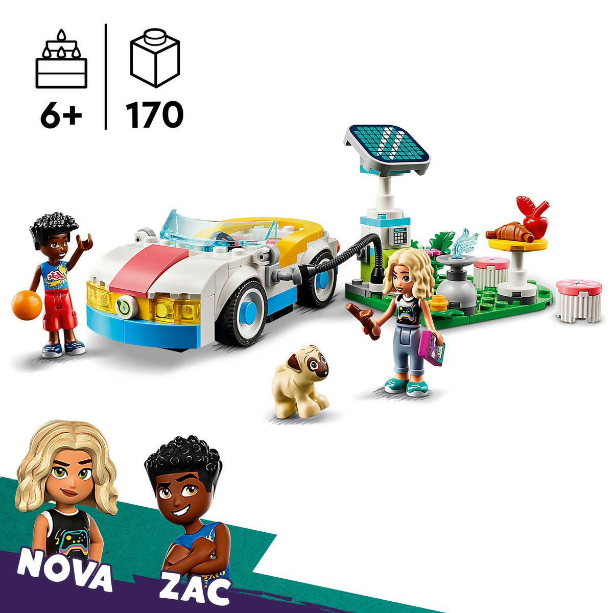 LEGO Friends 42609 La Voiture Électrique et la Borne de Recharge, Jouet de Voiture, avec les Figurines Nova et Zac
