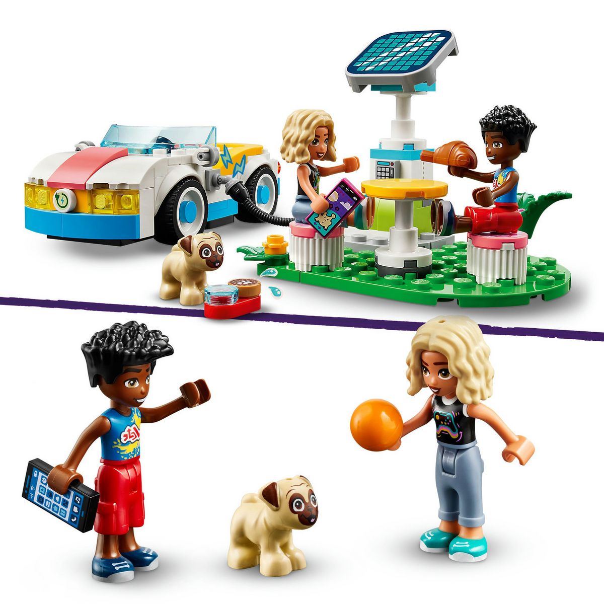 LEGO Friends 42609 La Voiture Électrique et la Borne de Recharge, Jouet de Voiture, avec les Figurines Nova et Zac