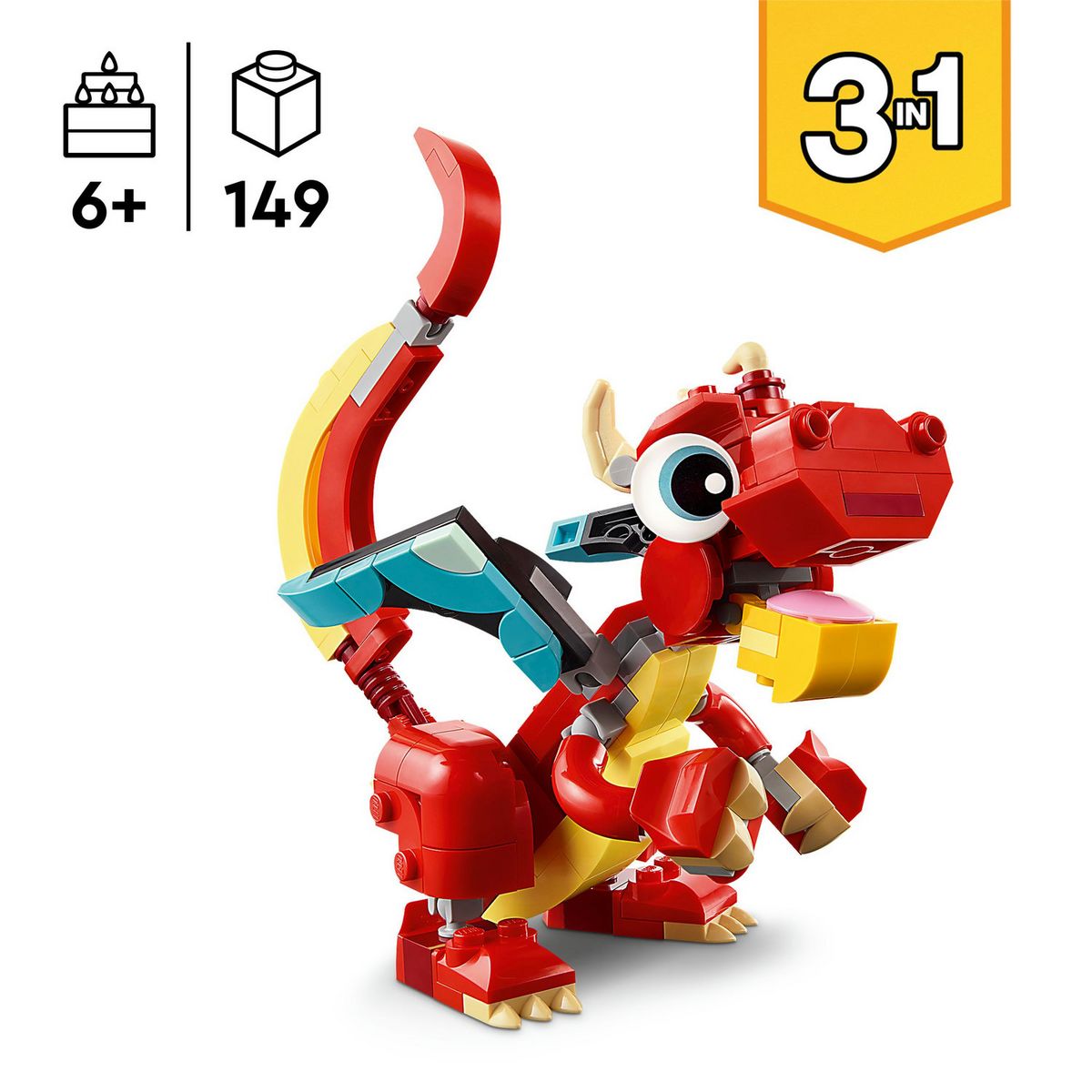 LEGO Creator 3en1 31145 Le Dragon Rouge; Jouet avec 3 Figurines d'Animaux, dont un Dragon Rouge, un Poisson et un Phénix