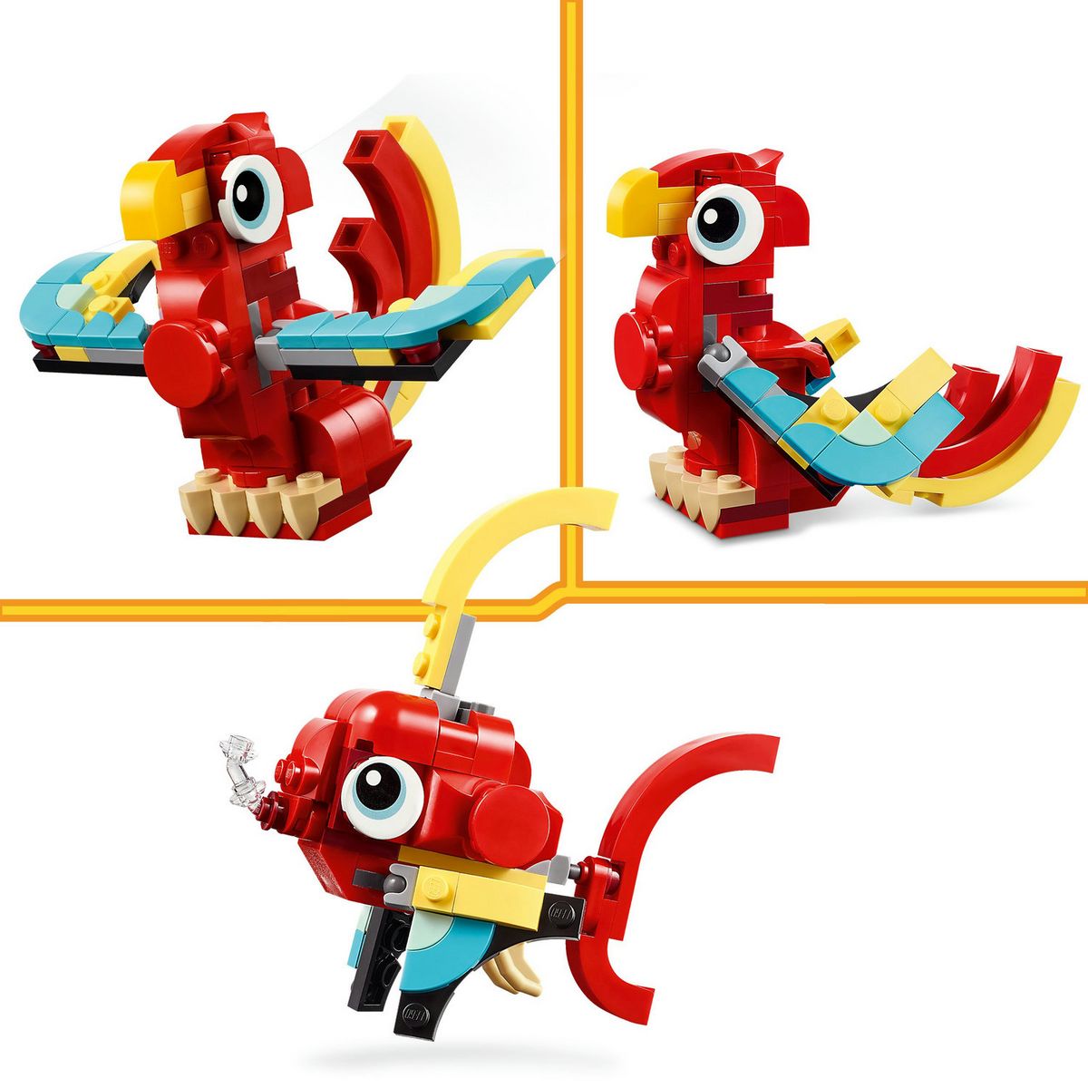 LEGO Creator 3en1 31145 Le Dragon Rouge; Jouet avec 3 Figurines d'Animaux, dont un Dragon Rouge, un Poisson et un Phénix