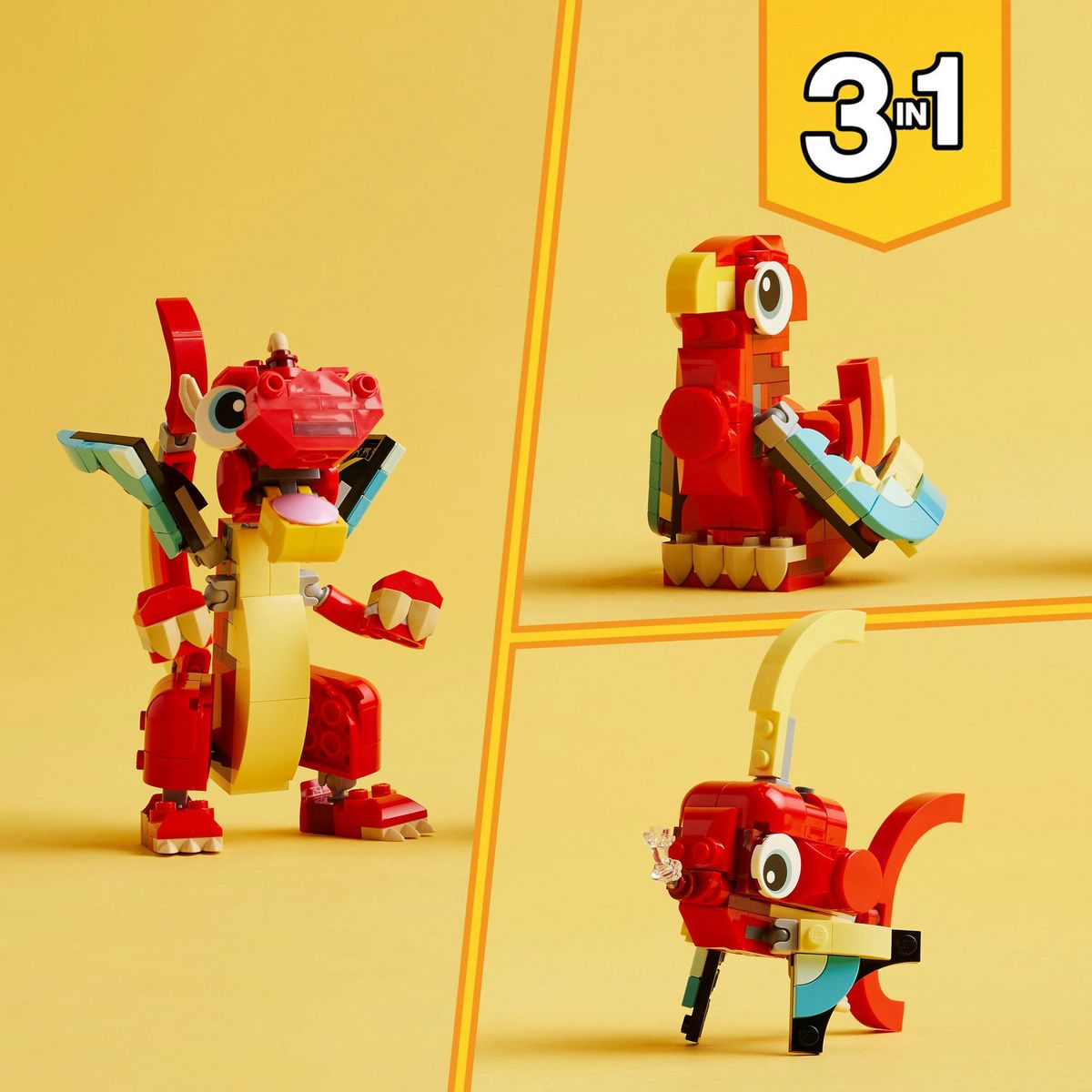 LEGO Creator 3en1 31145 Le Dragon Rouge; Jouet avec 3 Figurines d'Animaux, dont un Dragon Rouge, un Poisson et un Phénix