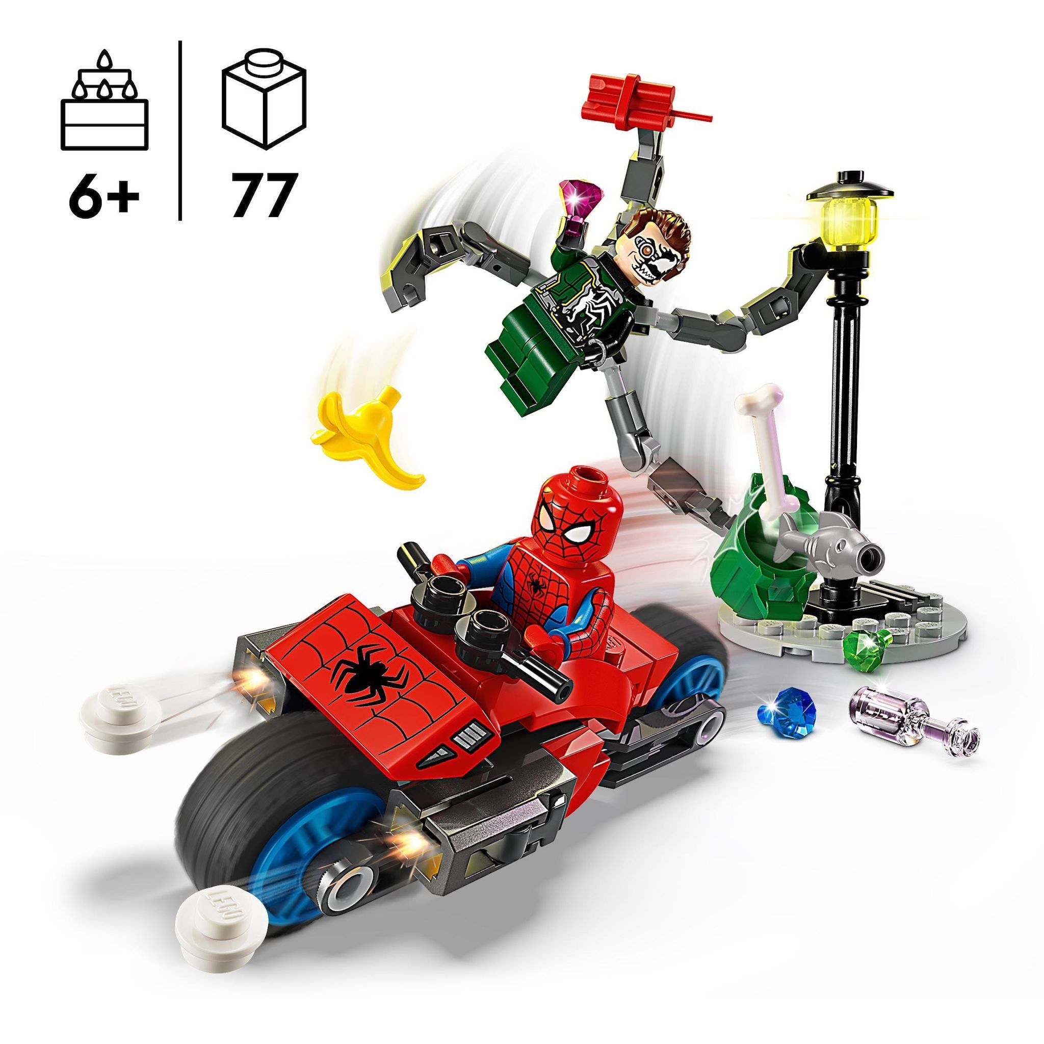 Voir la diapositive 3 : LEGO Marvel 76275 La Course-poursuite en Moto : Spider-Man contre Docteur Octopus, Jouet avec Moto avec Canons