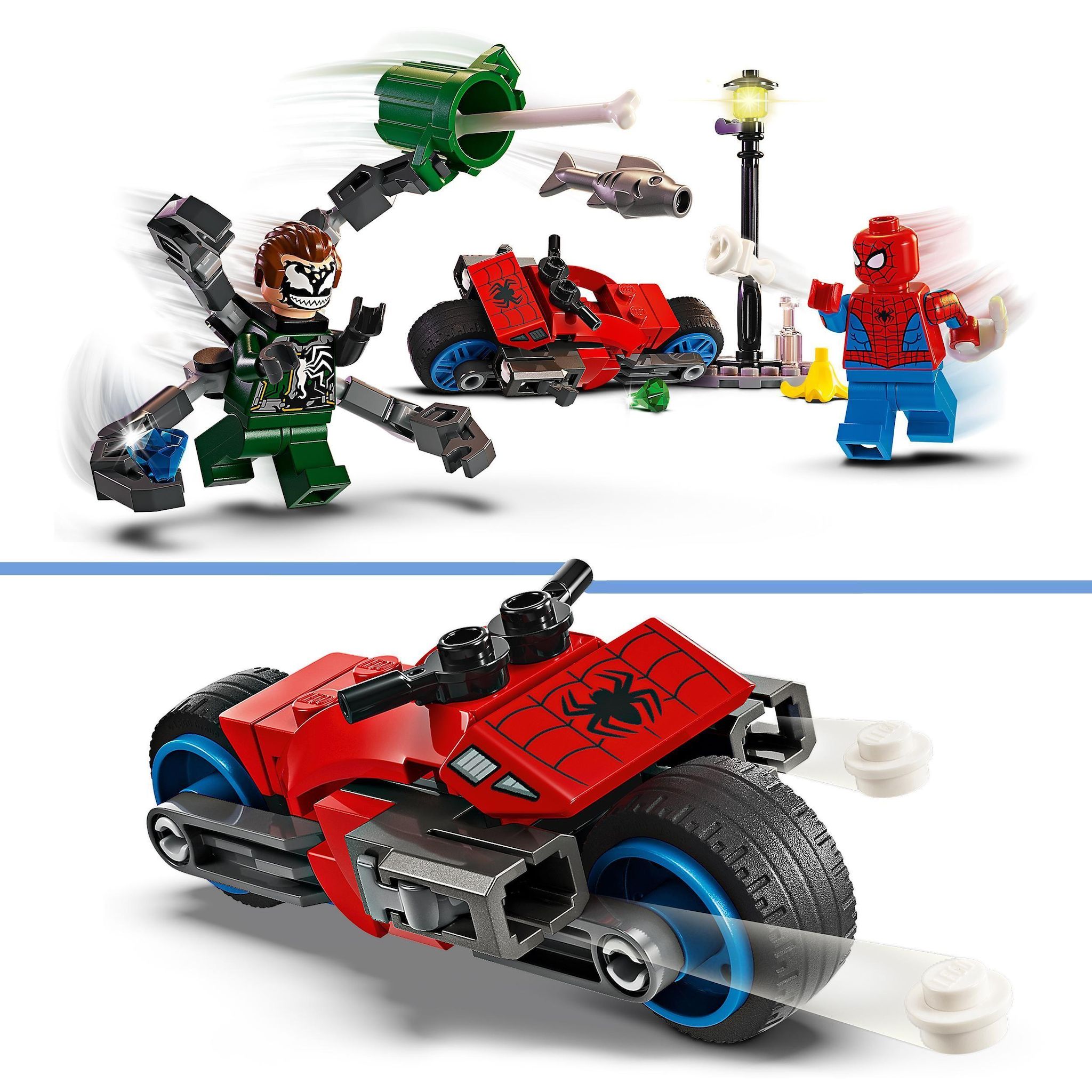 Voir la diapositive 4 : LEGO Marvel 76275 La Course-poursuite en Moto : Spider-Man contre Docteur Octopus, Jouet avec Moto avec Canons