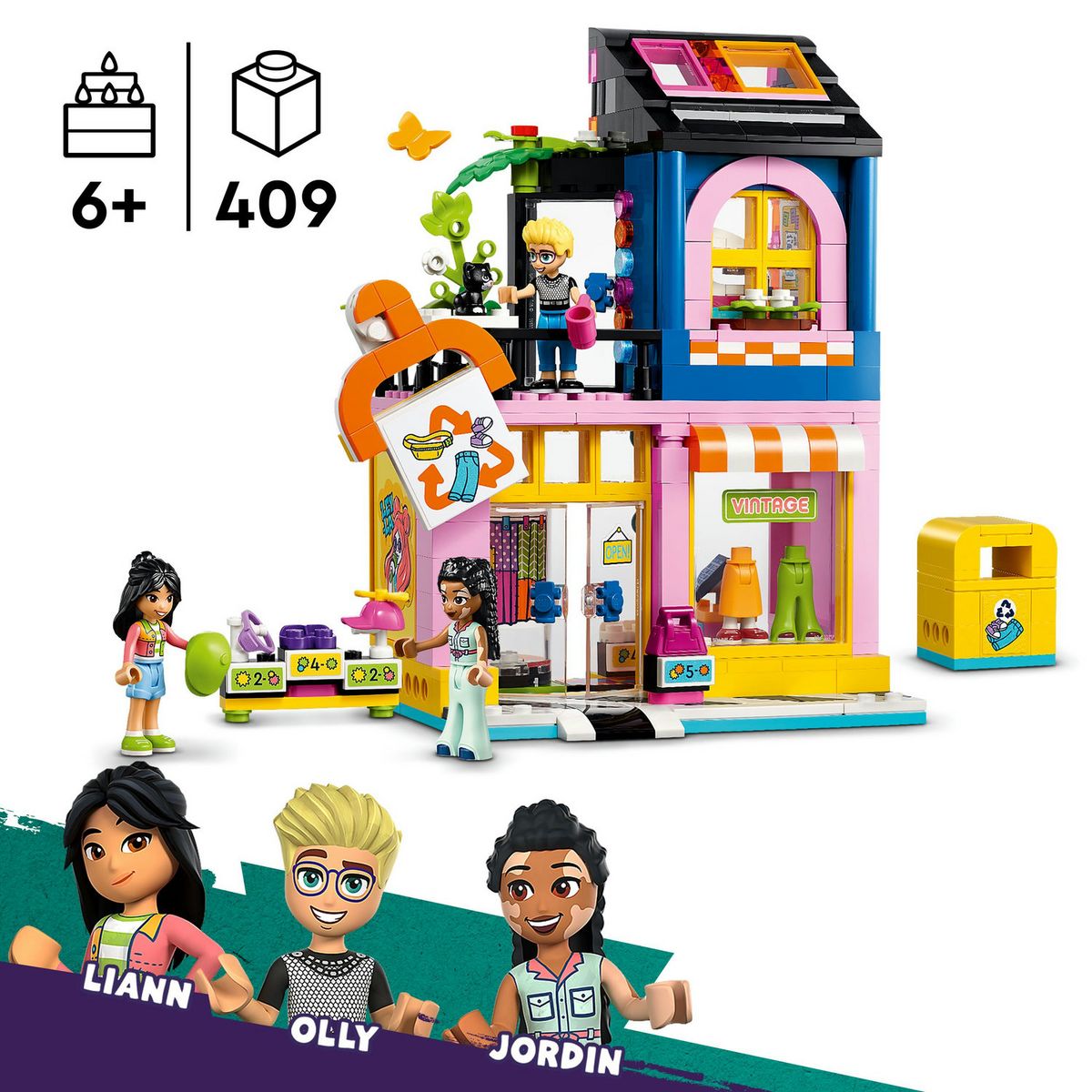 LEGO Friends 42614 La Boutique de Vêtements Vintage, Modèle avec les Mini-Poupées Olly, Liann et Jordin et une Figurine de Chat