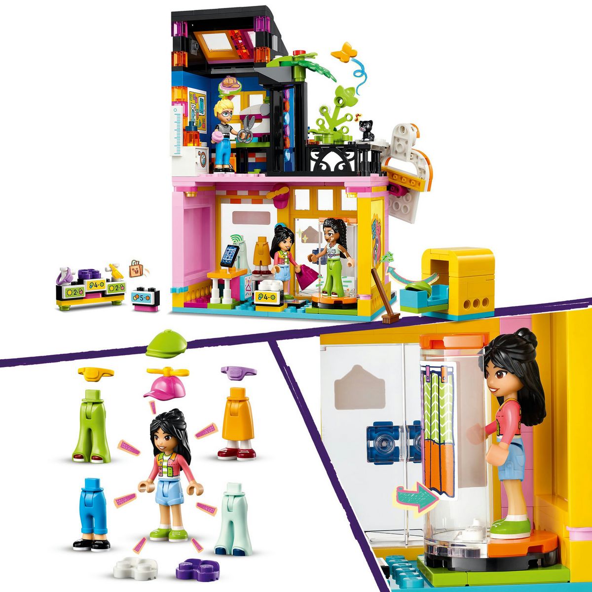 LEGO Friends 42614 La Boutique de Vêtements Vintage, Modèle avec les Mini-Poupées Olly, Liann et Jordin et une Figurine de Chat