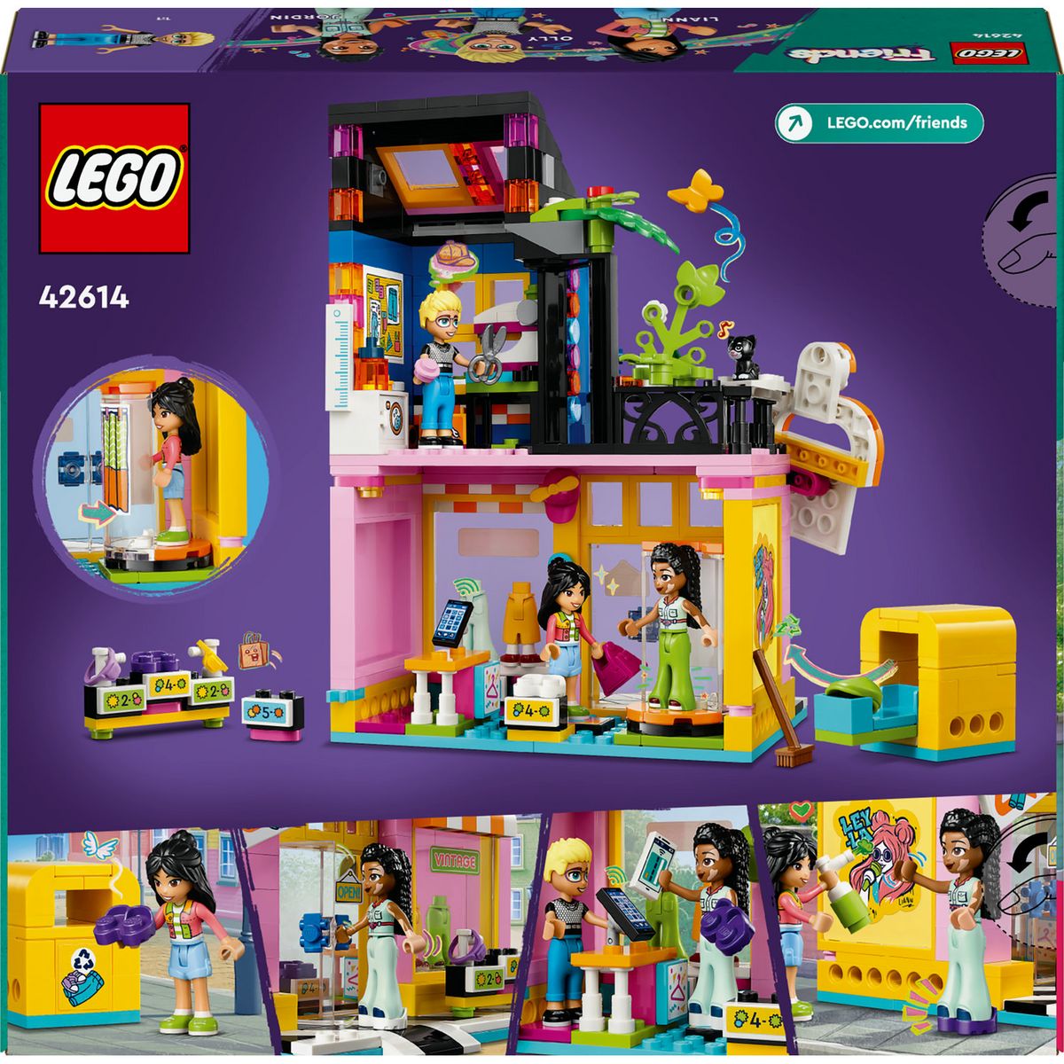 LEGO Friends 42614 La Boutique de Vêtements Vintage, Modèle avec les Mini-Poupées Olly, Liann et Jordin et une Figurine de Chat