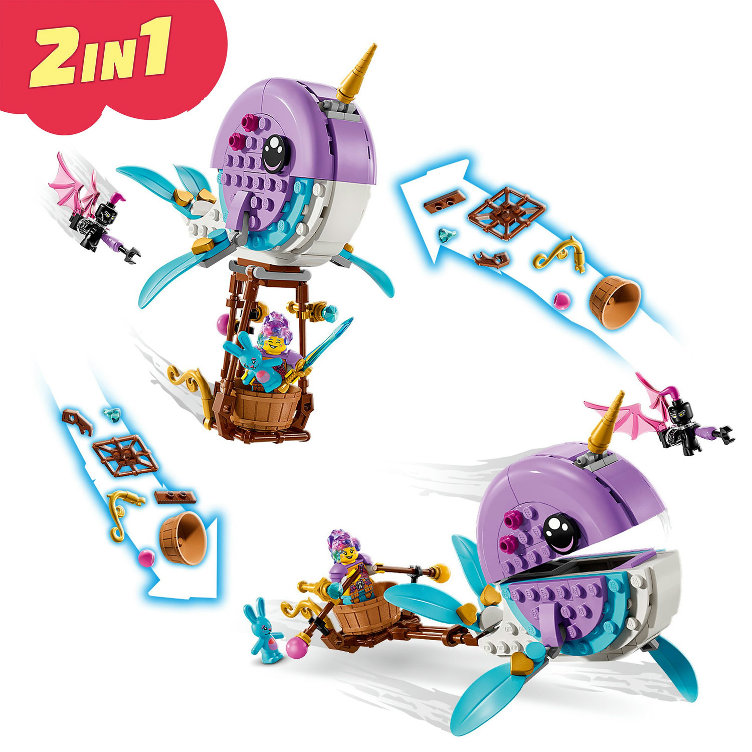Voir la diapositive 4 : LEGO DREAMZzz 71472 La Montgolfière Narval d'Izzie, Jouet d'Animaux Marins, Sauvetage de Lapin Bunchu avec Figurine Baleine