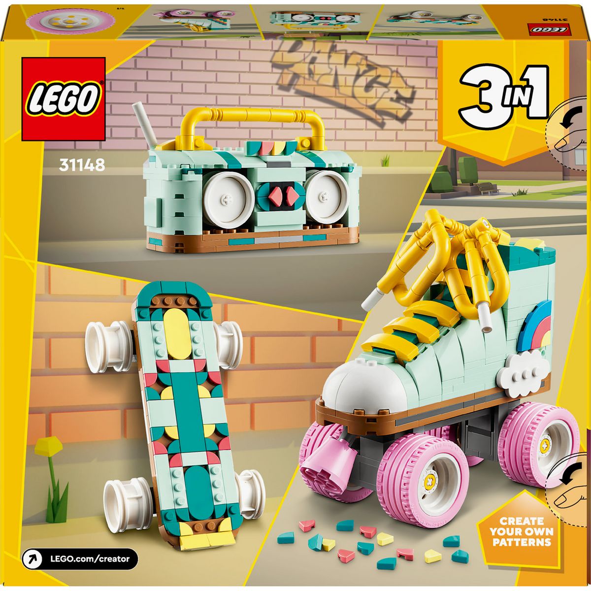 LEGO Creator 3en1 31148 Les Patins à Roulettes Rétro, Jouet avec Mini-Skateboard et Boombox, Décoration Rétro