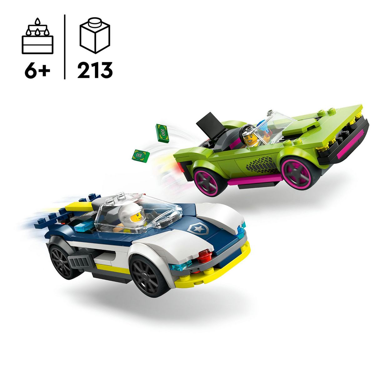 LEGO City 60415 La Course-Poursuite entre la Voiture de Police et la Super Voiture, Jouet avec Minifigurines, Cadeau Enfants