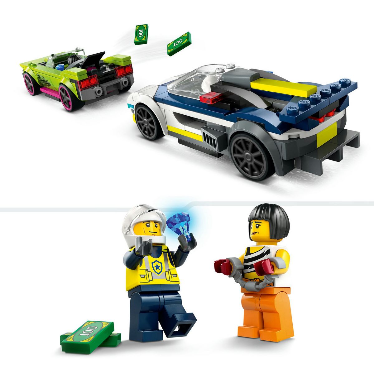 LEGO City 60415 La Course-Poursuite entre la Voiture de Police et la Super Voiture, Jouet avec Minifigurines, Cadeau Enfants