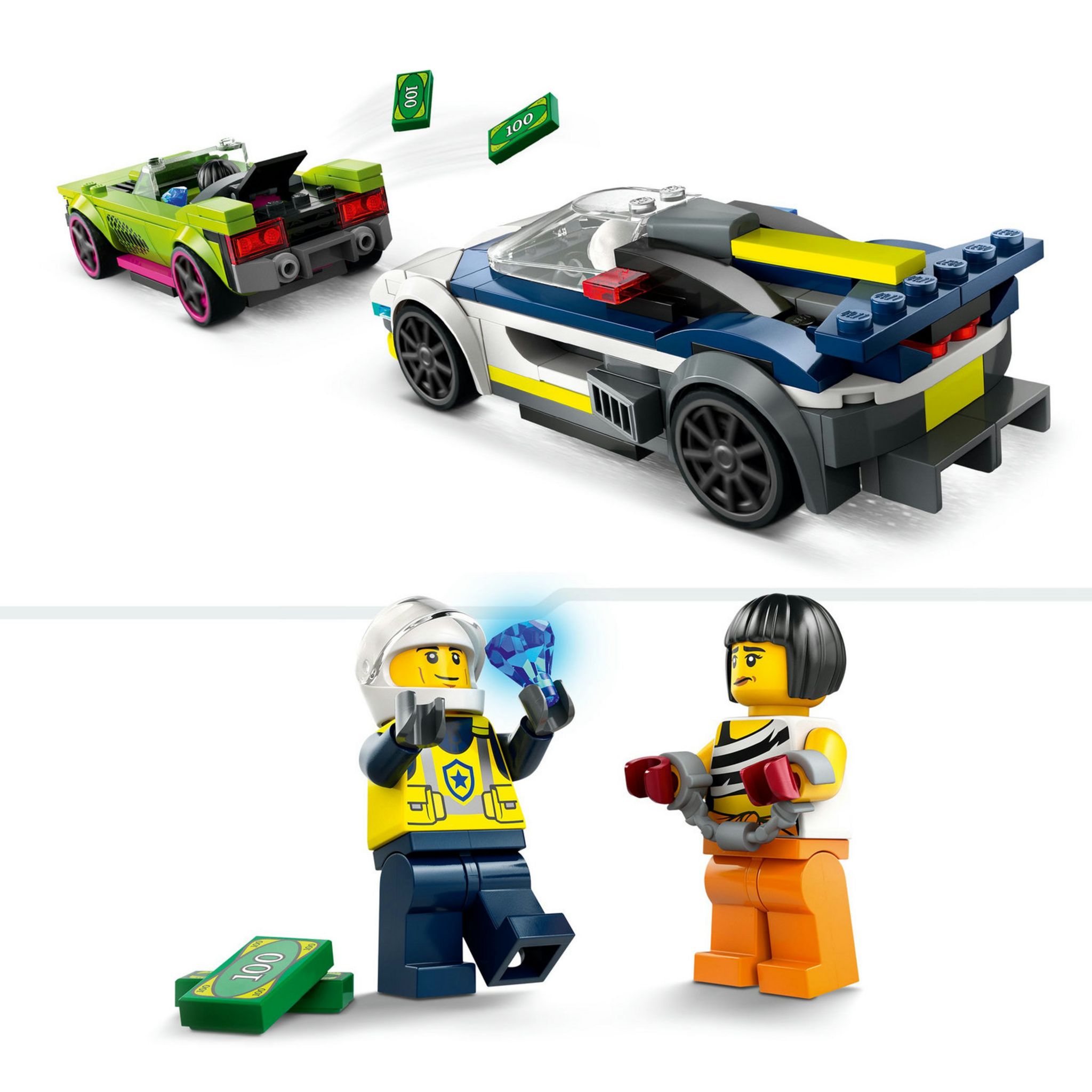 Voir la diapositive 4 : LEGO City 60415 La Course-Poursuite entre la Voiture de Police et la Super Voiture, Jouet avec Minifigurines, Cadeau Enfants
