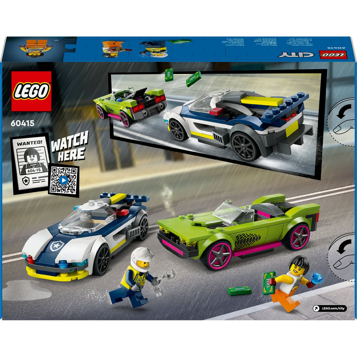 LEGO City 60415 La Course-Poursuite entre la Voiture de Police et la Super Voiture, Jouet avec Minifigurines, Cadeau Enfants